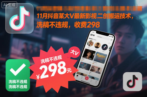 11月抖音某大V最新影视二创搬运技术，洗稿不违规，收费298天风资源网，提供全网火热网站资源、培训资料、课程、创业教程天风资源网