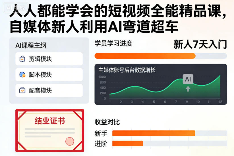 人人都能学会的短视频全能精品课，自媒体新人利用AI弯道超车天风资源网，提供全网火热网站资源、培训资料、课程、创业教程天风资源网