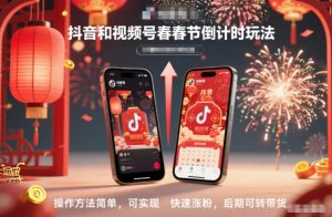 抖音和视频号,春节倒计时玩法,操作方法简单,可实现快速涨粉,后期可转带货天风资源网,提供全网火热网站资源、培训资料、课程、创业教程天风资源网
