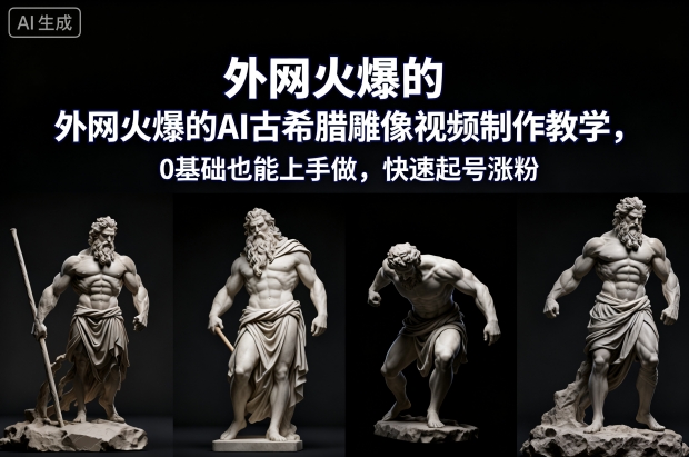 外网火爆的AI古希腊雕像视频制作教学，0基础也能上手做，快速起号涨粉天风资源网，提供全网火热网站资源、培训资料、课程、创业教程天风资源网