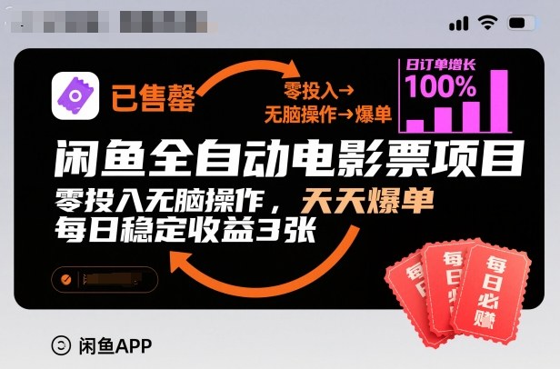 闲鱼全自动电影票项目，零投入无脑操作，天天爆单，每日稳定收益3张【揭秘】天风资源网，提供全网火热网站资源、培训资料、课程、创业教程天风资源网