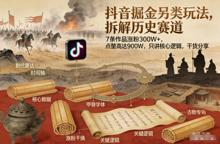 抖音掘金另类玩法，拆解历史赛道，7条作品涨粉300W+，点赞量高达900W，只讲核心逻辑，干货分享-天风资源网