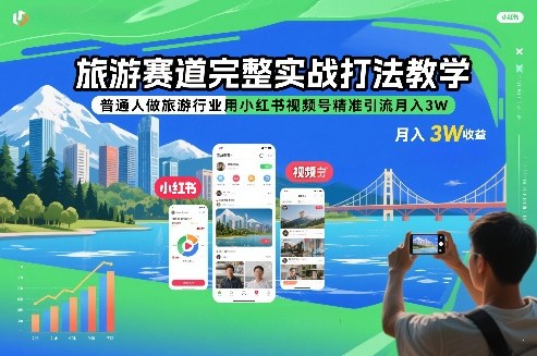 旅游赛道完整实战打法教学，普通人做旅游行业用小红书视频号精准引流月入3W-天风资源网