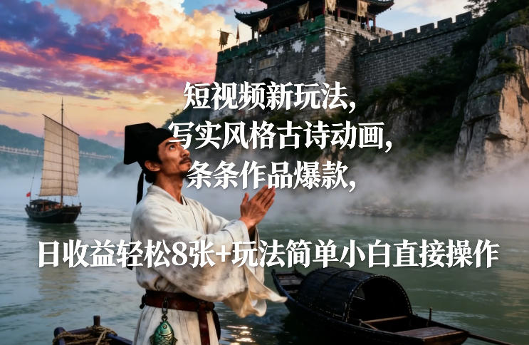 短视频新玩法，写实风格古诗动画，条条作品爆款，日收益轻松8张+玩法简单小白直接操作-天风资源网