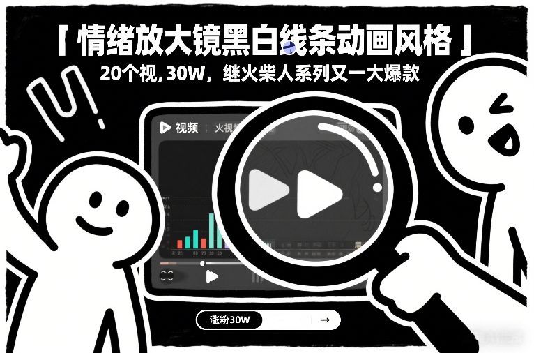 情绪放大镜黑白线条动画风格，20个视频，涨粉30W，继火柴人系列又一大爆款-天风资源网