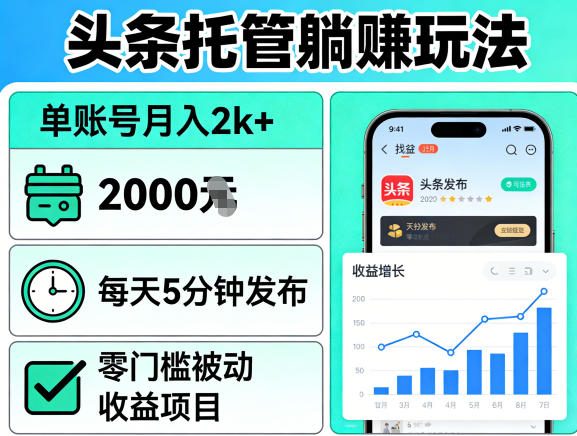 头条托管躺賺玩法，单账号月入2k+，每天5分钟发布即可，零门槛被动收益项目【揭秘】-天风资源网