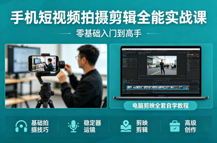 手机短视频拍摄剪辑全能实战课：零基础入门到高手，稳定器运镜+电脑剪映全套自学教程-天风资源网