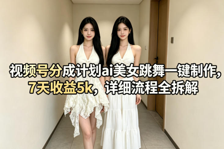 视频号分成计划ai美女跳舞一键制作，7天收益5k，详细流程全拆解-天风资源网