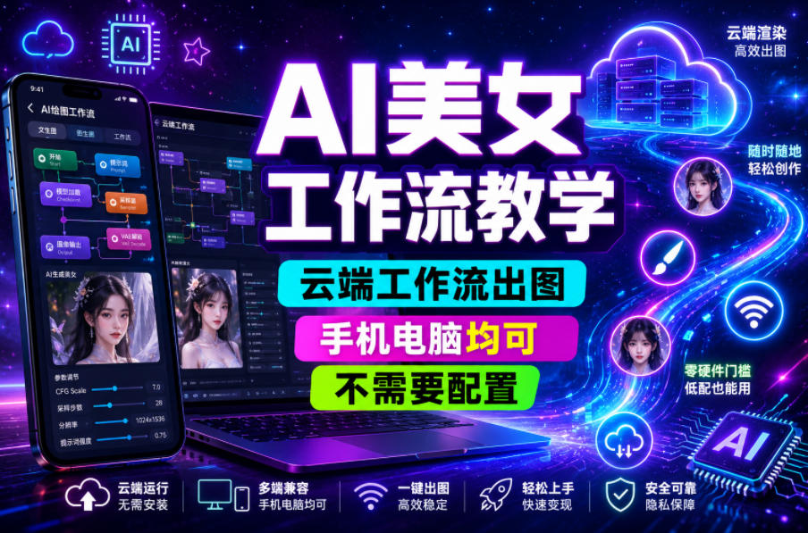 AI美女工作流教学，云端工作流出图，手机电脑均可，不需要配置，快速起号涨粉-天风资源网