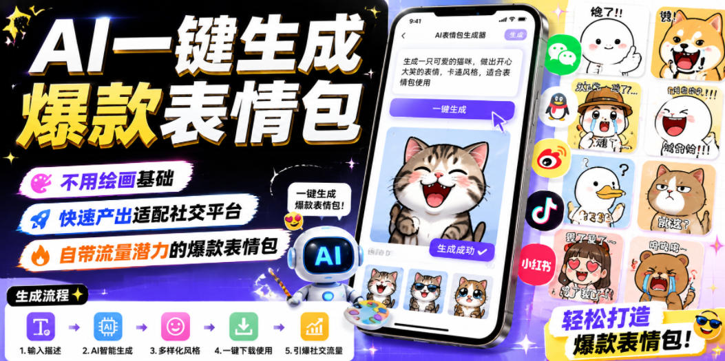 AI一键生成爆款表情包，不用绘画基础，快速产出适配社交平台，自带流量潜力的爆款表情包-天风资源网