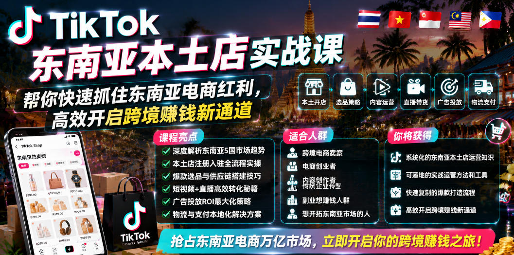 TikTok东南亚本土店实战课，帮你快速抓住东南亚电商红利，高效开启跨境賺钱新通道-天风资源网