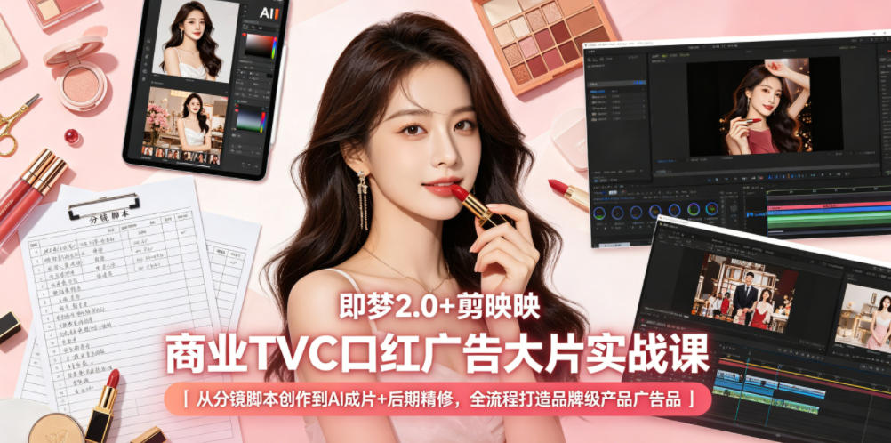 即梦2.0+剪映商业TVC口红广告大片实战课｜从分镜脚本创作到AI成片+后期精修，全流程打造品牌级产品广告-天风资源网