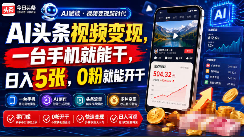 AI头条视频变现，一台手机就能干，日入5张，0粉就能开干-天风资源网