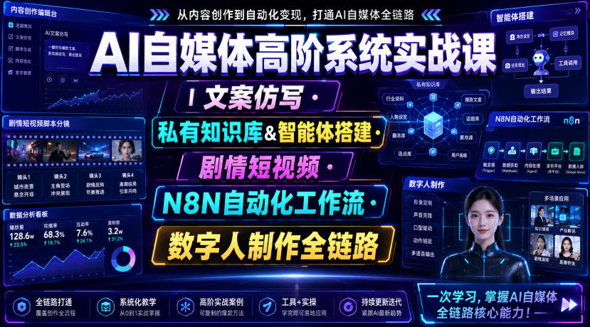 AI自媒体高阶系统实战课｜文案仿写・私有知识库&智能体搭建・剧情短视频・N8N自动化工作流・数字人制作全链路-天风资源网