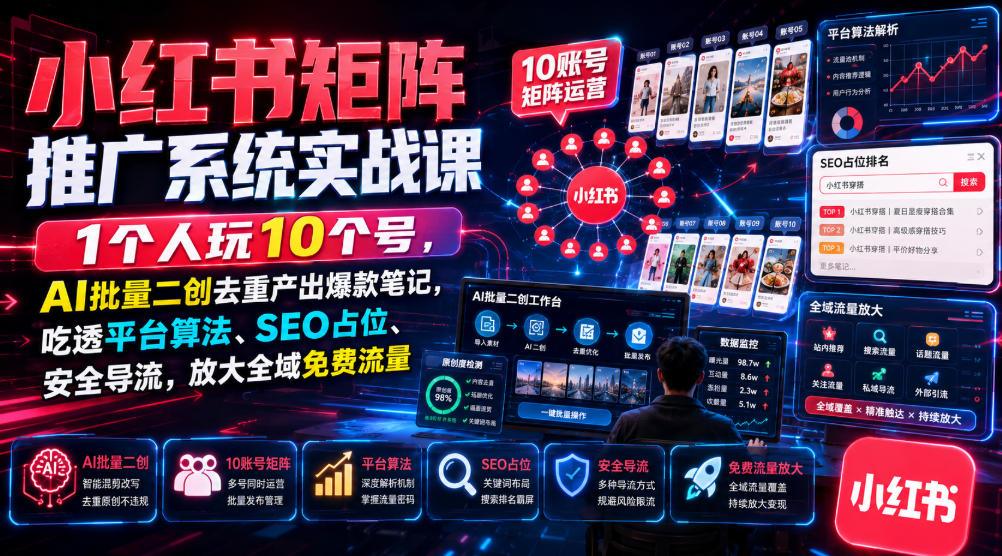 小红书矩阵推广系统实战课｜1个人玩10个号，AI批量二创去重产出爆款笔记，吃透平台算法、SEO占位、安全导流，放大全域免费流量-天风资源网