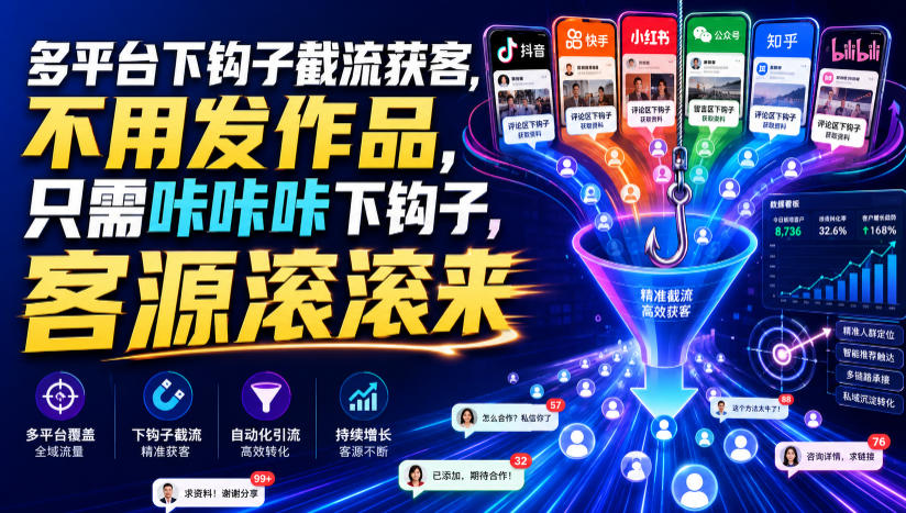 多平台下钩子截流获客，不用发作品，只需咔咔咔下钩子，客源滚滚来-天风资源网