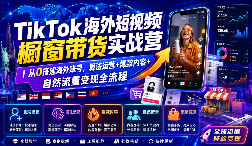 TikTok海外短视频橱窗带货实战营｜从0搭建海外账号，算法运营+爆款内容+自然流量变现全流程-天风资源网