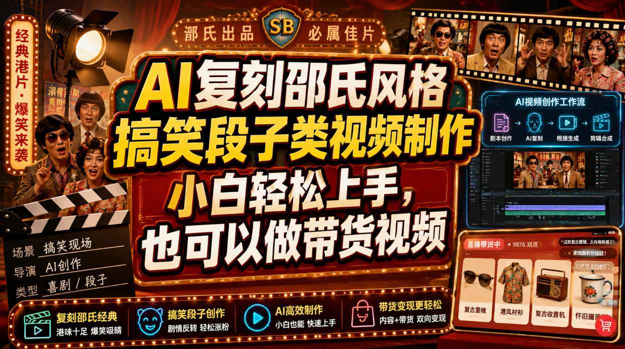 AI复刻邵氏风格搞笑段子类视频制作，小白轻松上手，也可以做带货视频-天风资源网