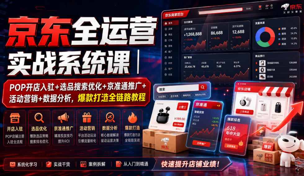 京东全运营实战系统课｜POP开店入驻+选品搜索优化+京准通推广+活动营销+数据分析，爆款打造全链路教程-天风资源网