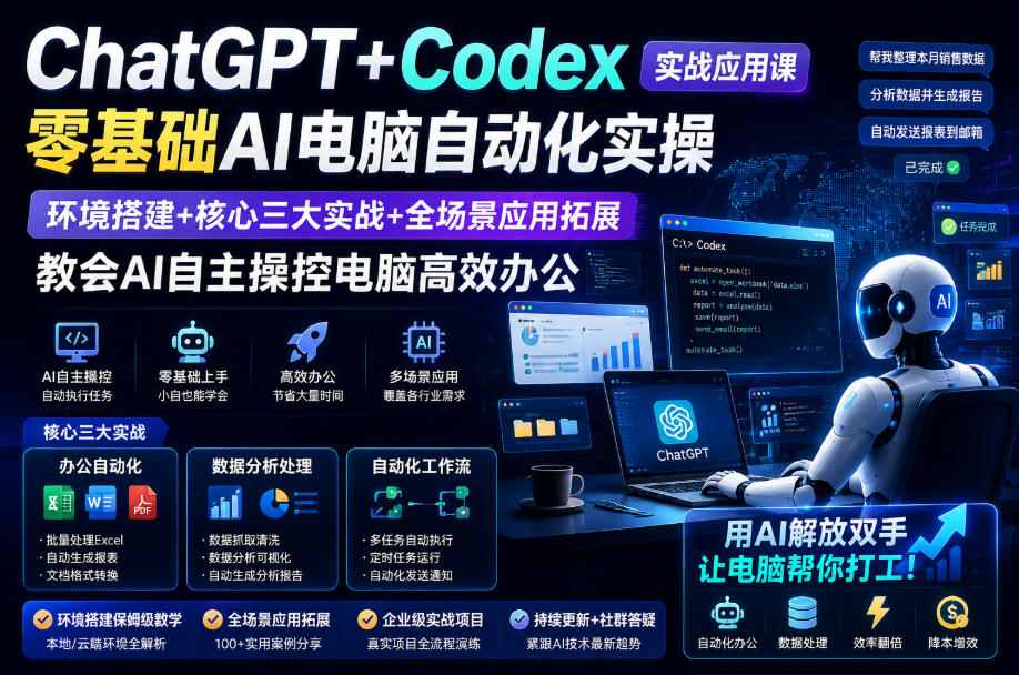 ChatGPT+Codex实战应用课｜零基础AI电脑自动化实操，环境搭建+核心三大实战+全场景应用拓展，教会AI自主操控电脑高效办公-天风资源网