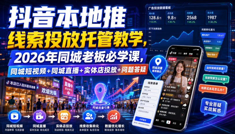 抖音本地推线索投放托管教学，2026年同城老板必学课，同城短视频+同城直播+实体店投放+问题答疑-天风资源网