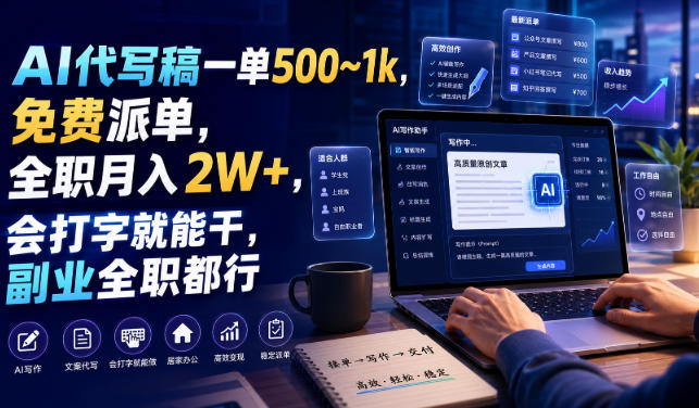 AI代写稿一单500~1k，免费派单，全职月入2W+，会打字就能干，副业全职都行【揭秘】-天风资源网