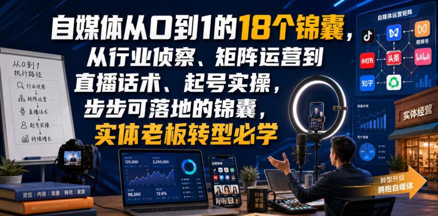 自媒体从0到1的18个锦囊，从行业侦察、矩阵运营到直播话术、起号实操，步步可落地的锦囊，实体老板转型必学-天风资源网