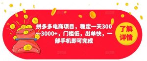2023拼多多电商项目,稳定一天300~3000+,门槛低,出单快,一部手机即可完成天风资源网,提供全网火热网站资源、培训资料、课程、创业教程天风资源网