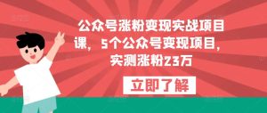 公众号涨粉变现实战项目课，5个公众号变现项目，实测涨粉23万天风资源网，提供全网火热网站资源、培训资料、课程、创业教程天风资源网