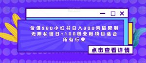 价值980小红书日入300突破限制无限私信日+100创业粉项目适合所有行业天风资源网,提供全网火热网站资源、培训资料、课程、创业教程天风资源网
