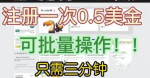 国外项目注册一次0.5美金，只需三分钟无脑操作，可批量同时放大操作，小白工作室福利【揭秘】天风资源网，提供全网火热网站资源、培训资料、课程、创业教程天风资源网