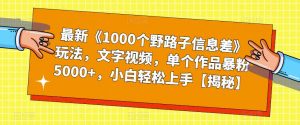 最新《1000个野路子信息差》玩法，文字视频，单个作品暴粉5000+，小白轻松上手【揭秘】天风资源网，提供全网火热网站资源、培训资料、课程、创业教程天风资源网