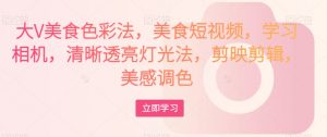 大V美食色彩法，美食短视频，学习相机，清晰透亮灯光法，剪映剪辑，美感调色天风资源网，提供全网火热网站资源、培训资料、课程、创业教程天风资源网