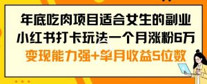年底吃肉项目适合女生的副业小红书打卡玩法一个月涨粉6万+变现能力强+单月收益5位数【揭秘】天风资源网,提供全网火热网站资源、培训资料、课程、创业教程天风资源网