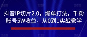 抖音IP切片2.0，爆单打法，千粉账号5W收益，从0到1实战教学【揭秘】天风资源网，提供全网火热网站资源、培训资料、课程、创业教程天风资源网