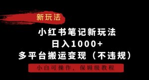 小红书笔记新玩法,日入1000+,多平台搬运变现(不违规),小白可操作,保姆级教程【揭秘】天风资源网,提供全网火热网站资源、培训资料、课程、创业教程天风资源网