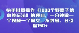 快手批量操作《1000个野路子信息差玩法》的项目,一分钟做一个视频一个图文,不封号,日引流150+【揭秘】天风资源网,提供全网火热网站资源、培训资料、课程、创业教程天风资源网