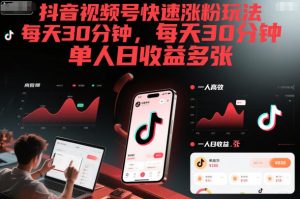 抖音视频号快速涨粉玩法，每天30分钟，单人日收益多张天风资源网，提供全网火热网站资源、培训资料、课程、创业教程天风资源网