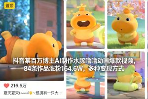 抖音某百万博主AI制作水豚噜噜动画爆款视频，84条作品涨粉164.6W，多种变现方式天风资源网，提供全网火热网站资源、培训资料、课程、创业教程天风资源网