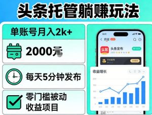 头条托管躺賺玩法，单账号月入2k+，每天5分钟发布即可，零门槛被动收益项目【揭秘】-天风资源网