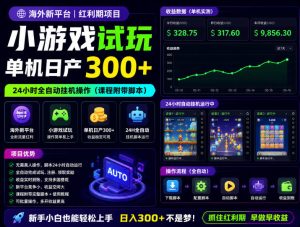 海外新平台,小游戏试玩,单机日产300+,24小时全自动挂G操作(课程附带脚本)【揭秘】-天风资源网