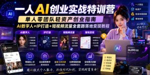 一人AI创业实战特训营,单人零团队轻资产创业指南,AI数字人+IP打造+短视频流量全套路落地变现教程-天风资源网