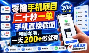 零撸手机项目，二十秒一单，手机直接截图，纯薅羊毛，一天200+做就有【揭秘】-天风资源网